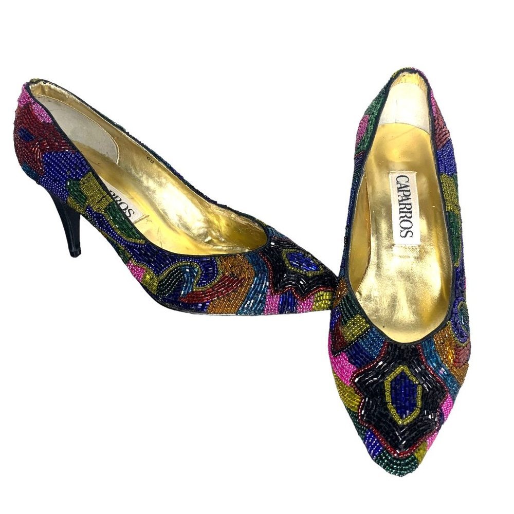 Vintage 90s Caparros Multicolor Pattern Beaded Pointed Toe Pumps 6